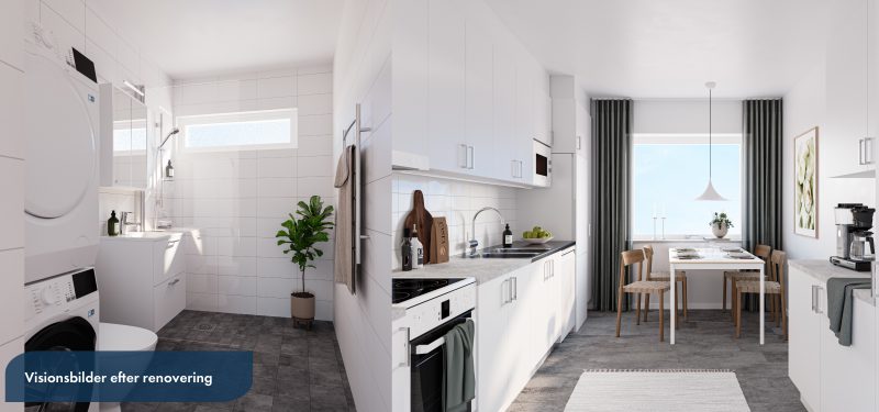 Kollage av 3D-visualisering av kök och badrum efter renovering. Helkaklat badrum med vitt kakel och grå klinker, tvättpelare, toalett och kommod längs vänster vägg. Dusch med duschvägg mot bortre högra hörnet med ljusinsläpp från liggande långsmalt fönster. Kök med vita släta luckor, glashäll, inbyggd micro samt diskmaskin. Stänkskydd i vitt kakel och grått klickgolv. Stort fönster i bortre änden.