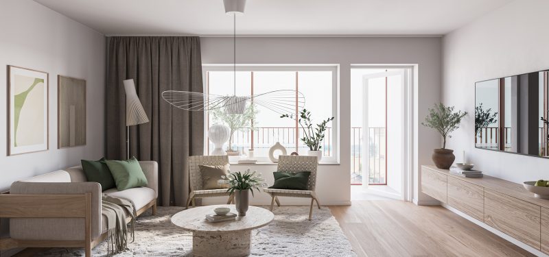 3D-visualisering av vardagsrum på nyare delen av kvarteret. Rum med beige väggar, stort ljusinsläpp från fönster på balkong.