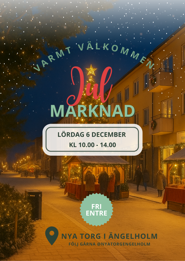 AI-illustration av en gata med julbodar och människor. Text: Varmt välkommen, julmarknad. Lördag 6 december, kl 10.00 - 14:00. Fri entré. Nya Torg i Ängelholm. Följ gärna @nyatorgengelholm